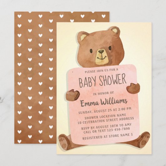 Invitation Cute Aquarelle Baby shower Ours Teddy (Devant / Derrière)