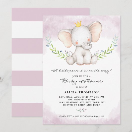Invitation Cute Aquarelle Bébé Eléphant Fille Baby shower (Devant / Derrière)