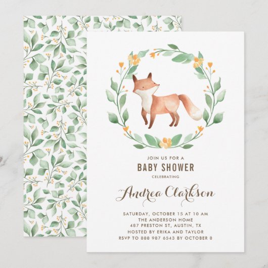 Invitation Cute Aquarelle Bébé Fox Baby shower bois (Devant / Derrière)