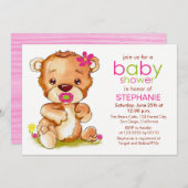 Invitation Cute Aquarelle Bébé Ours Fille Baby shower (Devant / Derrière)