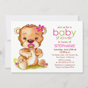 Invitation Cute Aquarelle Bébé Ours Fille Baby shower