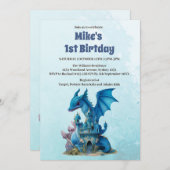 Invitation Cute aquarelle Bleu Dragon 1er anniversaire (Devant / Derrière)
