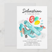 Invitation Cute Aquarelle Bleu Plane Ballons Anniversaire de  (Devant / Derrière)