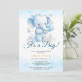 Invitation Cute Aquarelle Blue Elephant Baby shower garçon (Debout devant)