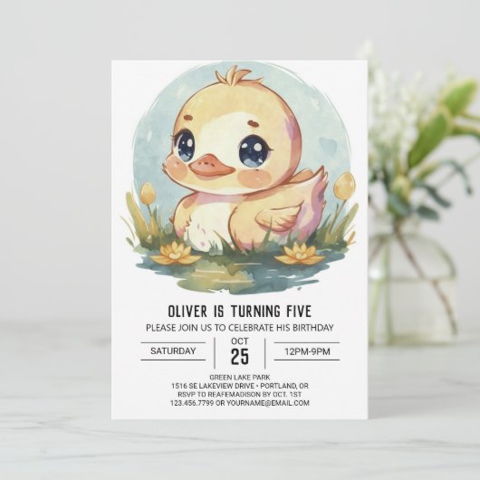 Invitation Cute Aquarelle Canard Anniversaire (Debout devant)