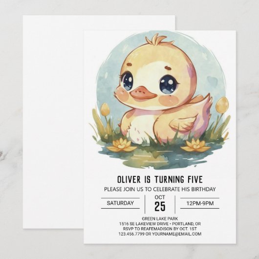 Invitation Cute Aquarelle Canard Anniversaire (Devant / Derrière)