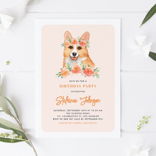 Invitation Cute Aquarelle Corgi Peach Floral Anniversaire de 
