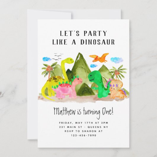 Invitation Cute Aquarelle Dino Mountain Dinosaur Anniversaire (Devant)
