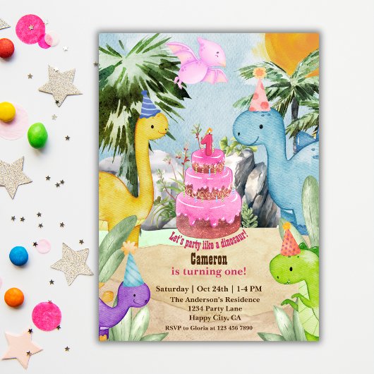 Invitation Cute Aquarelle Dinosaur 1er anniversaire fête