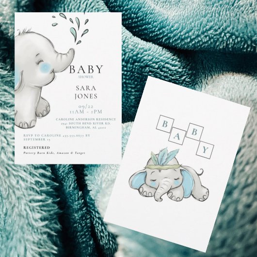 Invitation Cute Aquarelle Elephant Baby shower garçon