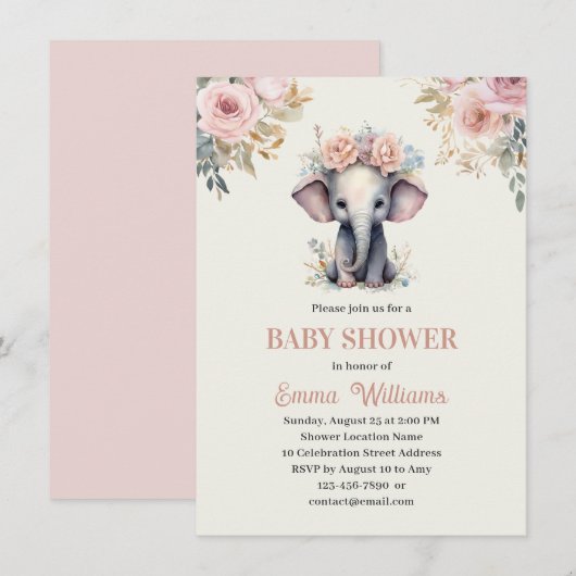 Invitation Cute Aquarelle Floral Elephant Baby shower fille (Devant / Derrière)