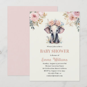 Invitation Cute Aquarelle Floral Elephant Baby shower fille