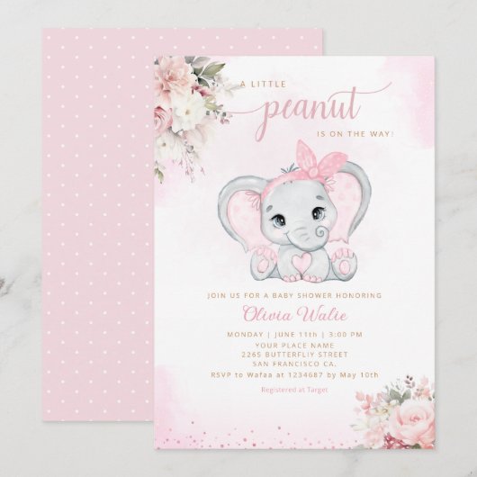 Invitation Cute Aquarelle Floral Elephant Baby shower fille (Devant / Derrière)