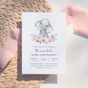 Invitation Cute Aquarelle Floral Elephant Baby shower fille