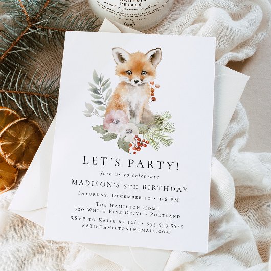 Invitation Cute aquarelle Fox hiver fête d'anniversaire