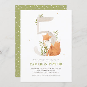 Invitation Cute aquarelle Fox Woodland Cinquième fête d'anniv