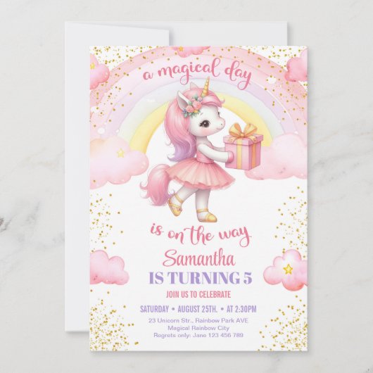 Invitation Cute aquarelle licorne avec robe tutu anniversaire (Devant)