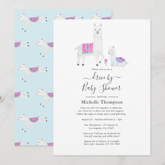 Invitation Cute Aquarelle Llama thème Drive Par Baby shower (Devant / Derrière)