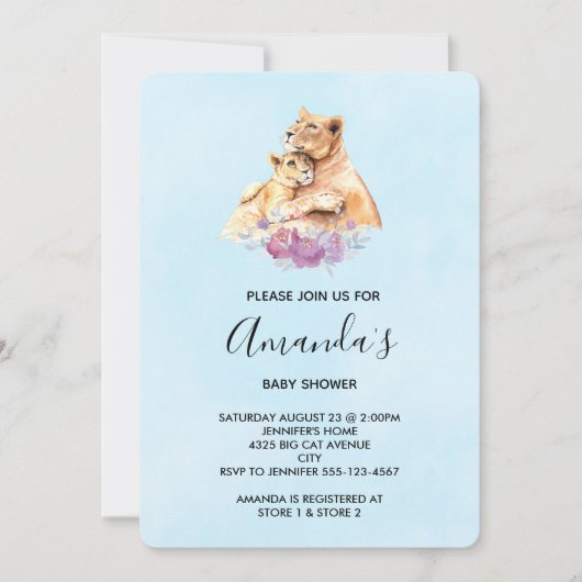 Invitation Cute Aquarelle Mère Lion & Baby shower Cub (Devant)