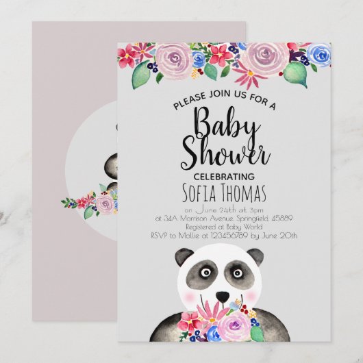 Invitation Cute Aquarelle Panda Ours et Baby shower Fleurs (Devant / Derrière)
