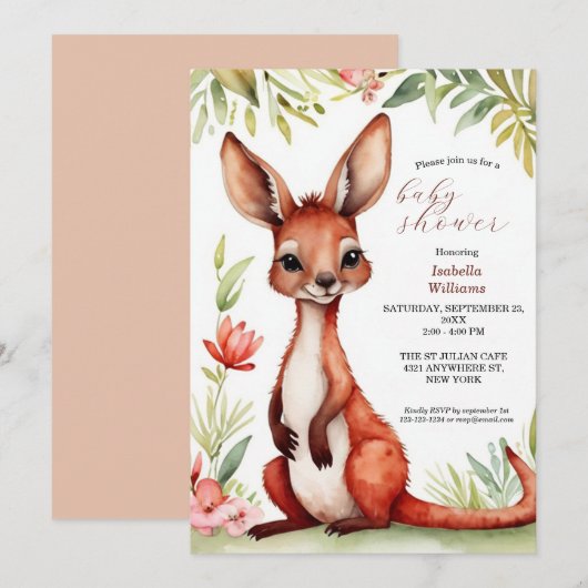Invitation Cute aquarelle rouge Baby shower Kangaroo (Devant / Derrière)