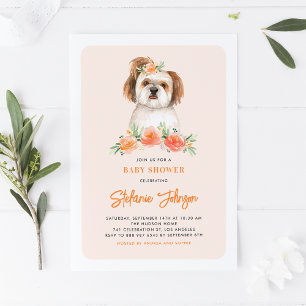 Invitation Cute Aquarelle Shih Tzu Peach Baby shower Floral
