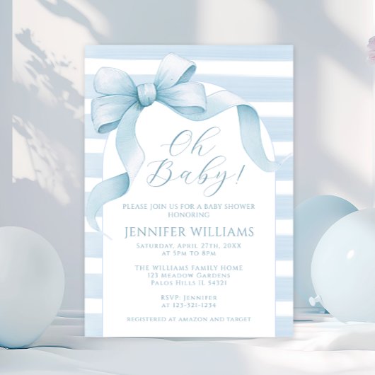 Invitation Cute Aquarelle Striped Bow Ribbon Baby Boy Douche