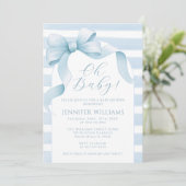 Invitation Cute Aquarelle Striped Bow Ribbon Baby Boy Douche (Debout devant)