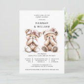 Invitation Cute Aquarelle Twins Teddy Bear Baby shower (Debout devant)