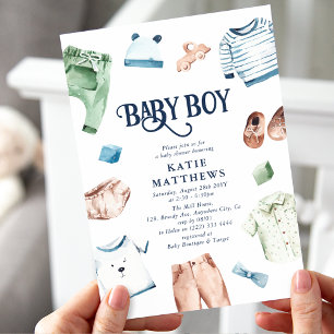 Invitation Cute Aquarelle Vêtements de garçon Baby shower de