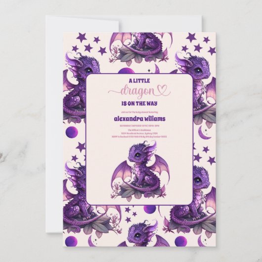Invitation Cute aquarelle violet Baby shower Dragon (Devant)