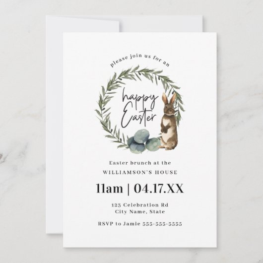 Invitation Cute Aquarelle Wreath Bunny Pâques Brunch (Devant)