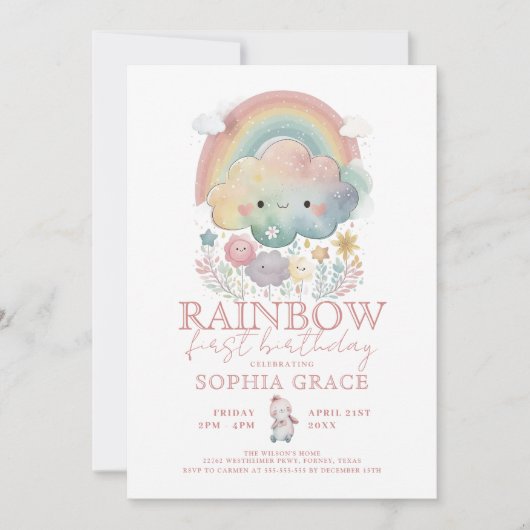 Invitation Cute arc-en-ciel nuages et fleurs Fille Anniversai (Devant)