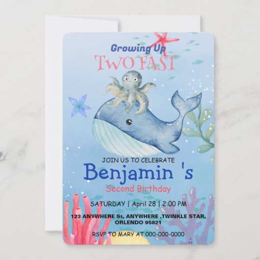 Invitation Cute arc-en-ciel poulpe baleine 2e fête d'annivers (Devant)