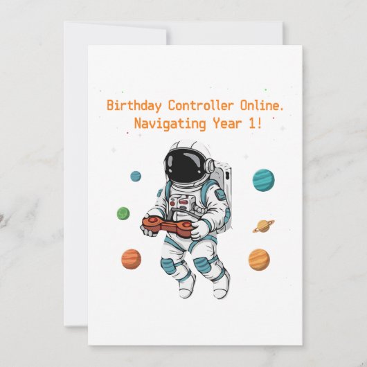 Invitation Cute astronaute Gamer 1er anniversaire | Navigatio (Devant)
