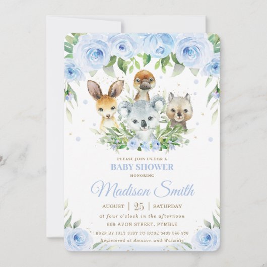 Invitation Cute Australian Animaux Blue Floral Baby shower (Devant)