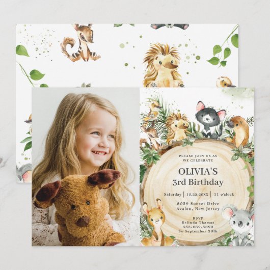 Invitation Cute Australian Animaux Rustic Wood Photo Annivers (Devant / Derrière)