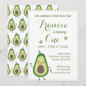 Invitation Cute Avocado Personnaliser 1er anniversaire Blancs (Devant / Derrière)