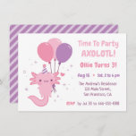 Invitation Cute Axolotl and Balloons Girls Birthday Party<br><div class="desc">A cute axolotl with a party hat is holding on to balloons. Time to Party Axolotl ! An adorable axolotl design theme birthday party invitation in a girly color palette of pink and purple. Perfect for girls birthday party ! Personalize easily with your party Details.</div>