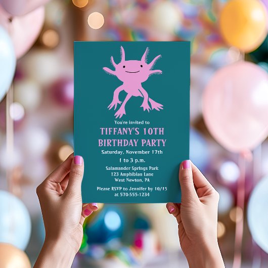 Invitation Cute Axolotl Pink Salamander Birthday Party
