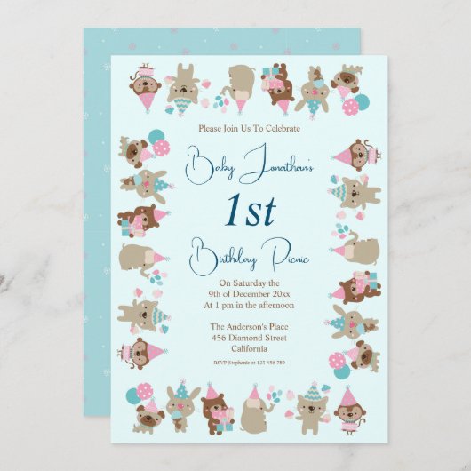 Invitation Cute Baby Animals 1st Birthday Picnic Aqua (Devant / Derrière)