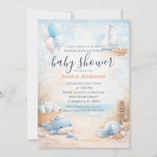 Invitation Cute Baby Blue Coastal Nautical Whale Baby Shower (Devant)