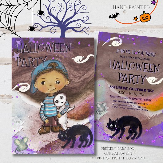 Invitation Cute Baby boo, cat & Boy Halloween Party
