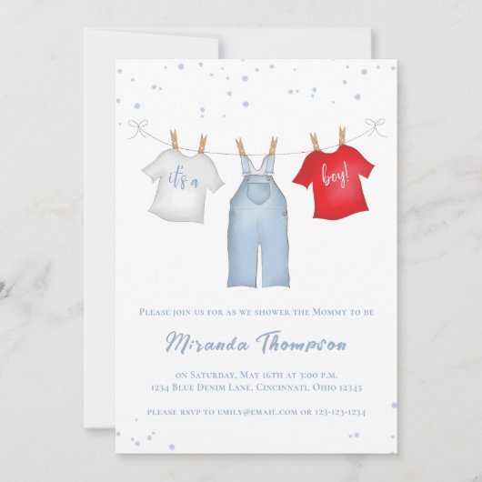 Invitation Cute Baby Boy Whimsical Denim Blue QR Code (Devant)