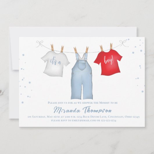 Invitation Cute Baby Boy Whimsical Denim Blue QR Code (Devant)