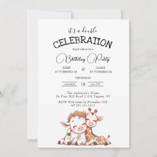 Invitation Cute Baby Cow and Giraffe Double Anniversaire