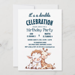 Invitation Cute Baby Cow and Giraffe Double Anniversaire