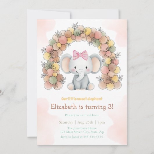 Invitation Cute Baby Elephant Balloon Arch Birthday  (Devant)