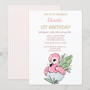 Invitation Cute Baby Flamingo rayé Anniversaire