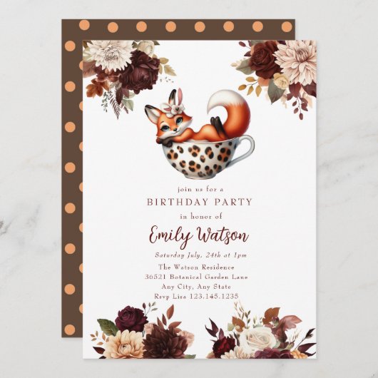 Invitation Cute Baby Fox | Anniversaire Tea Party (Devant / Derrière)